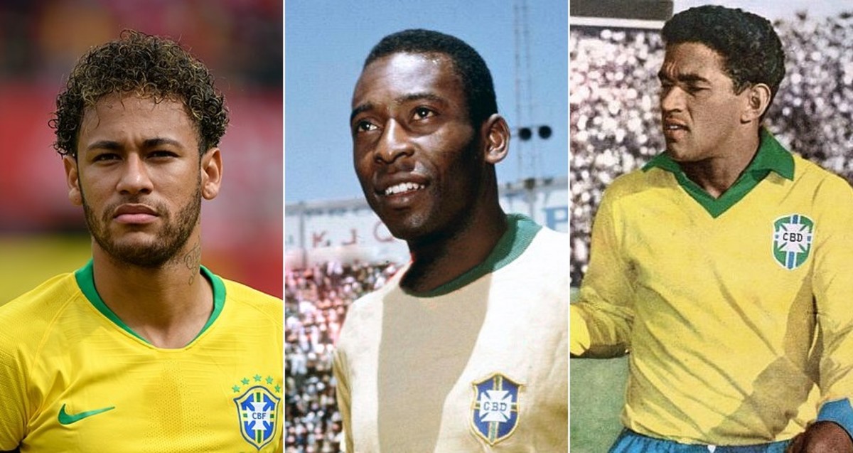 Neymar (trái), Pelé (giữa) và Garrincha (phải) là một trong những cầu thủ khoác áo vàng vĩ đại nhất của Brazil.